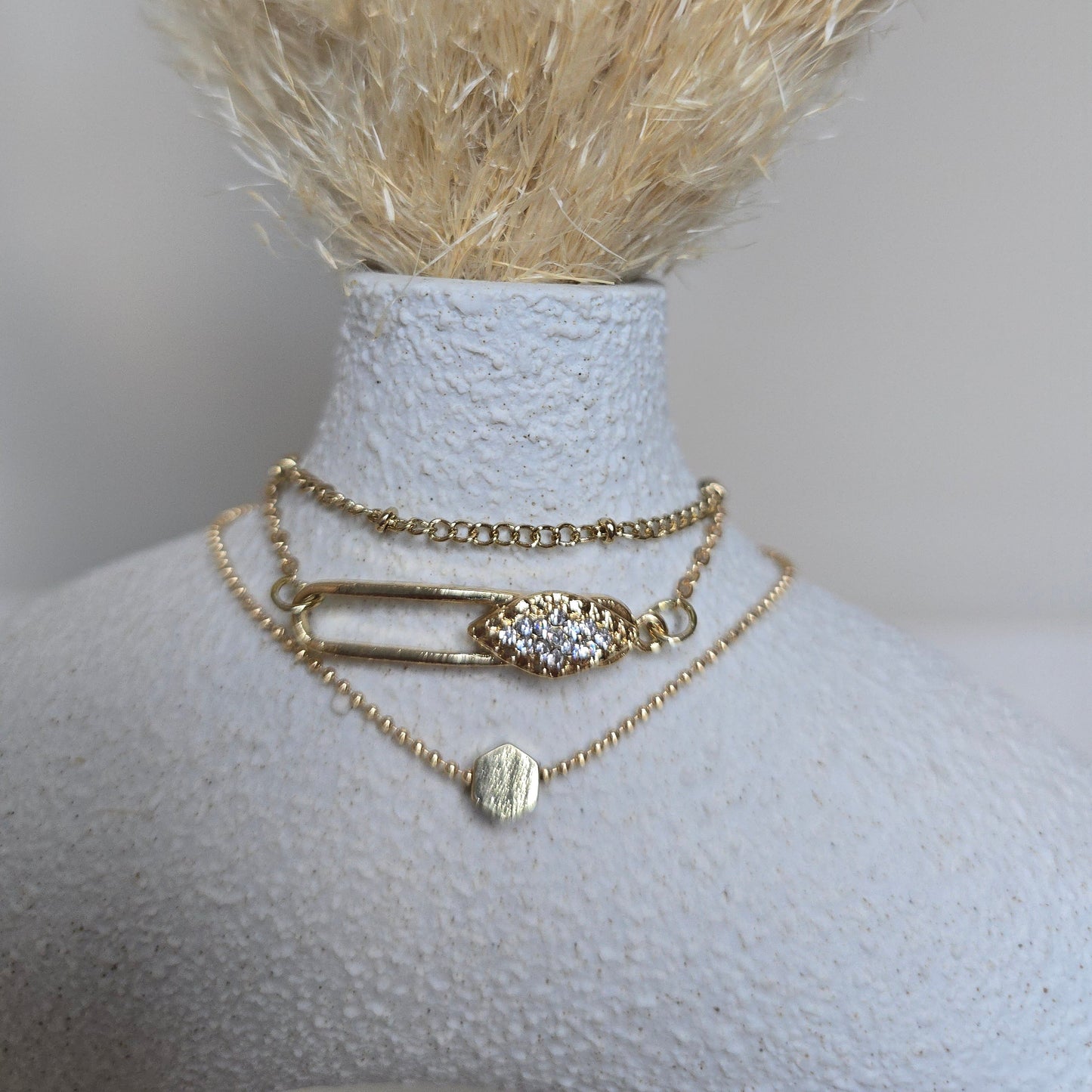 Gold Diamond Brooch Paper Clip Bracelet Set