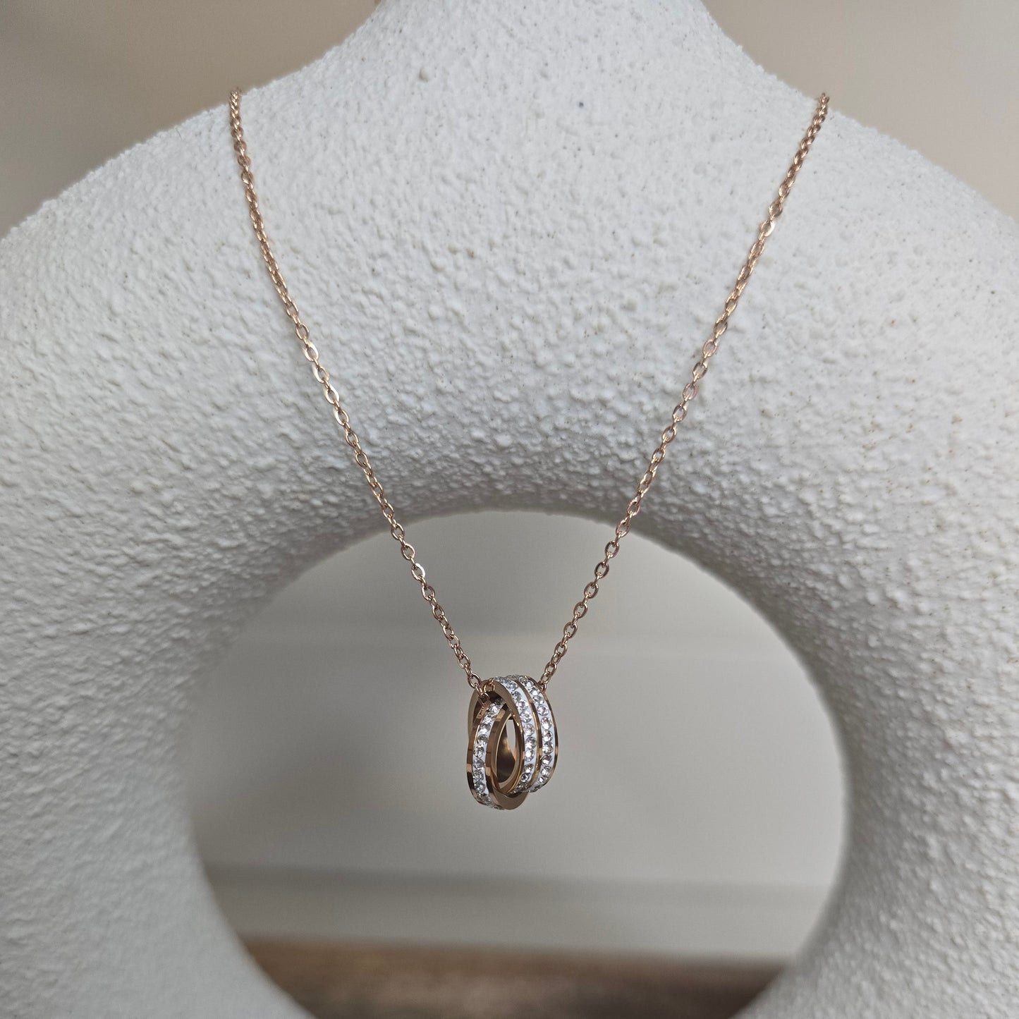 Double Ring Rhinestone Rose Gold Necklace