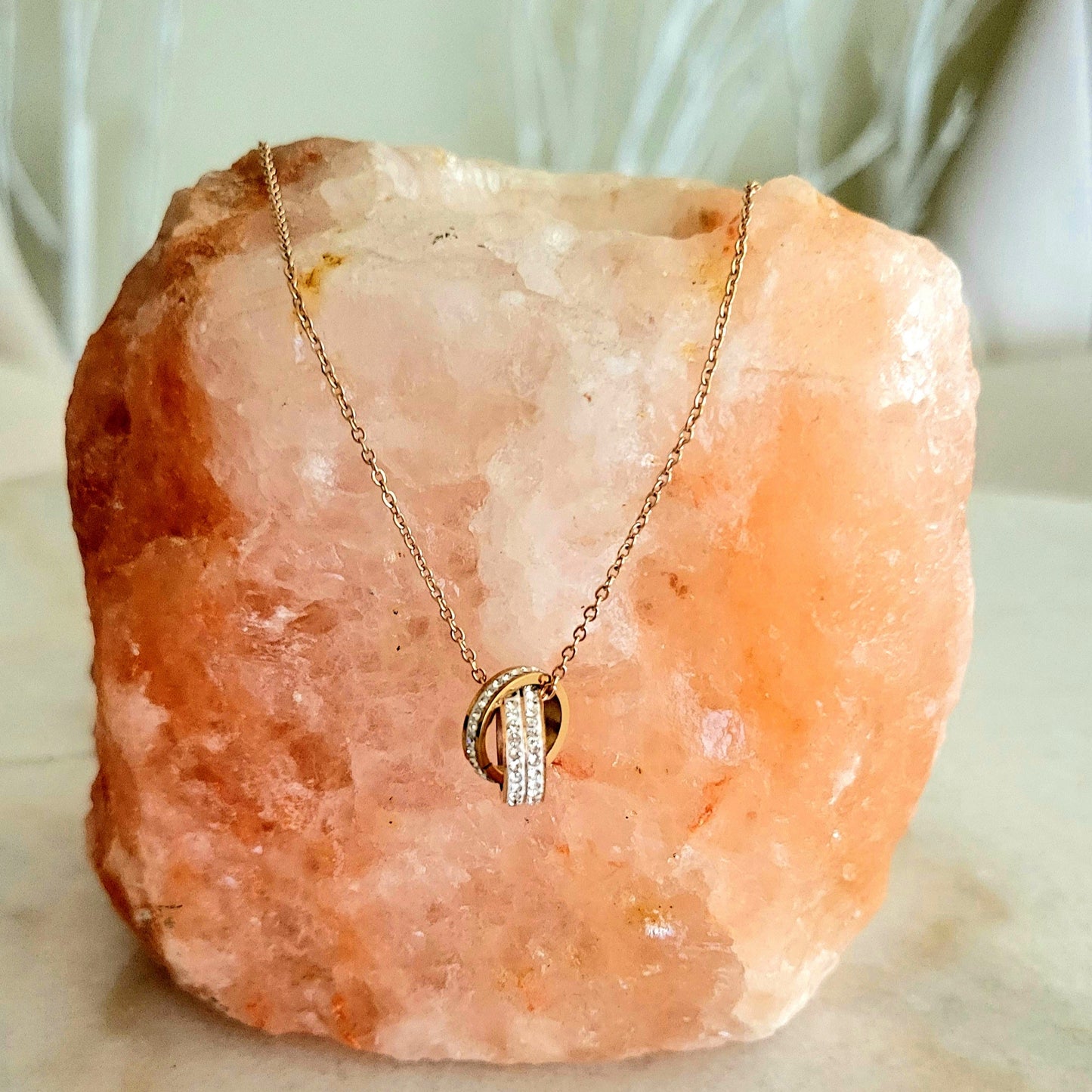 Double Ring Rhinestone Rose Gold Necklace