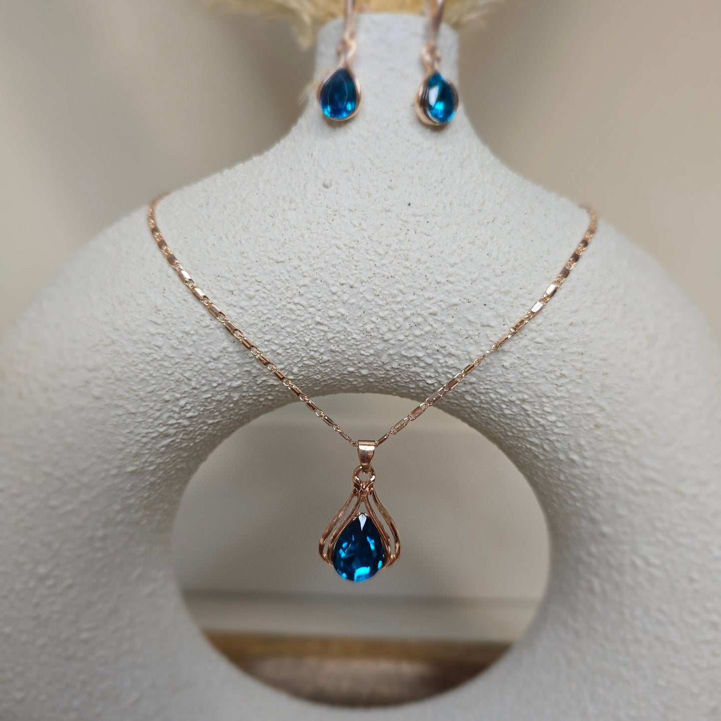 Peacock Blue Necklace and Earring Set with Rose Gold Accents