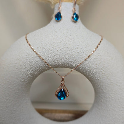 Peacock Blue Necklace and Earring Set with Rose Gold Accents