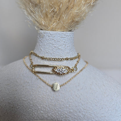 Gold Diamond Brooch Paper Clip Bracelet Set
