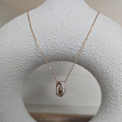 Double Ring Rhinestone Rose Gold Necklace