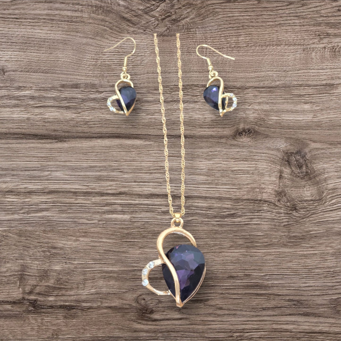 Purple Amethyst Heart Pendant and Earring Set