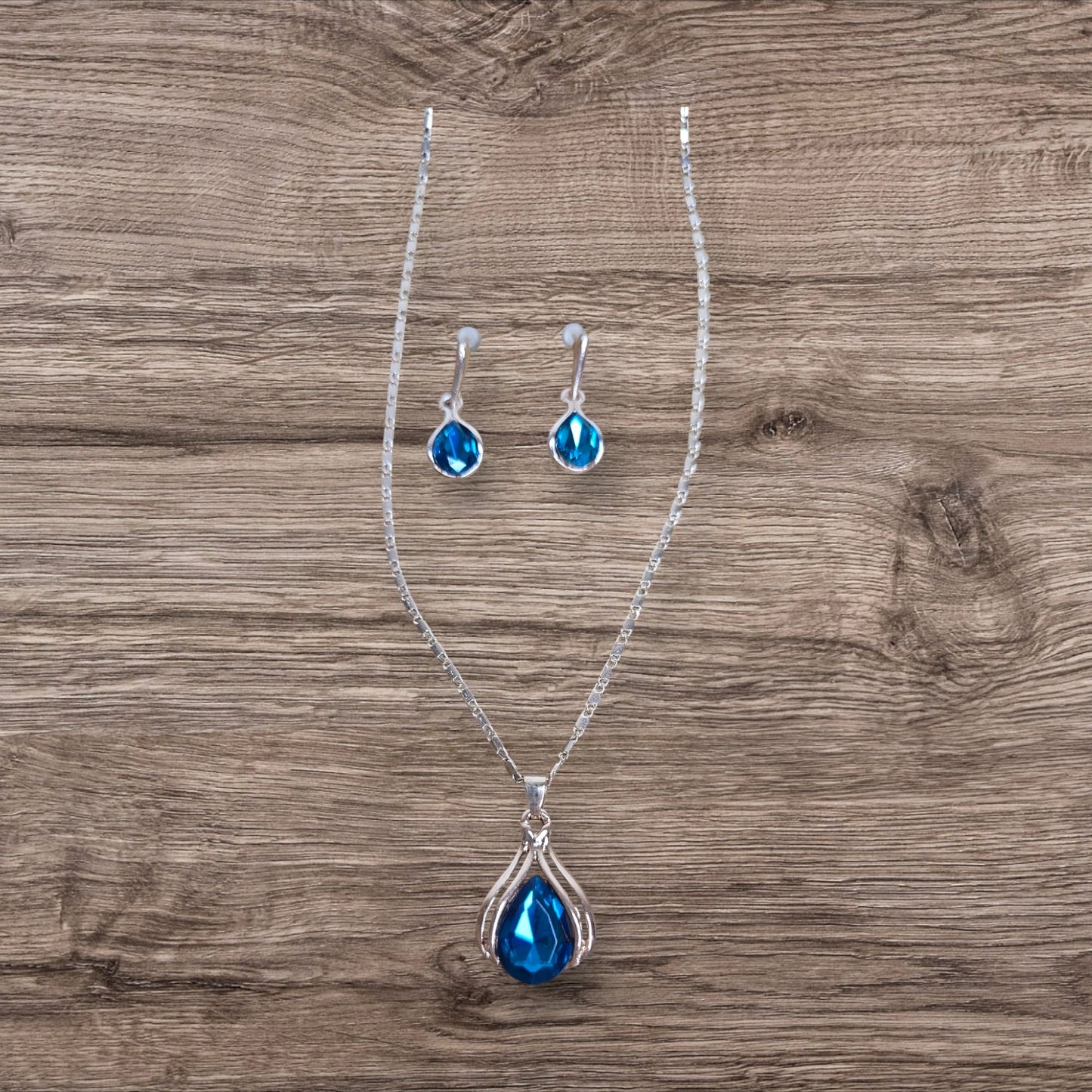 Peacock Blue Necklace and Earring Set with Rose Gold Accents