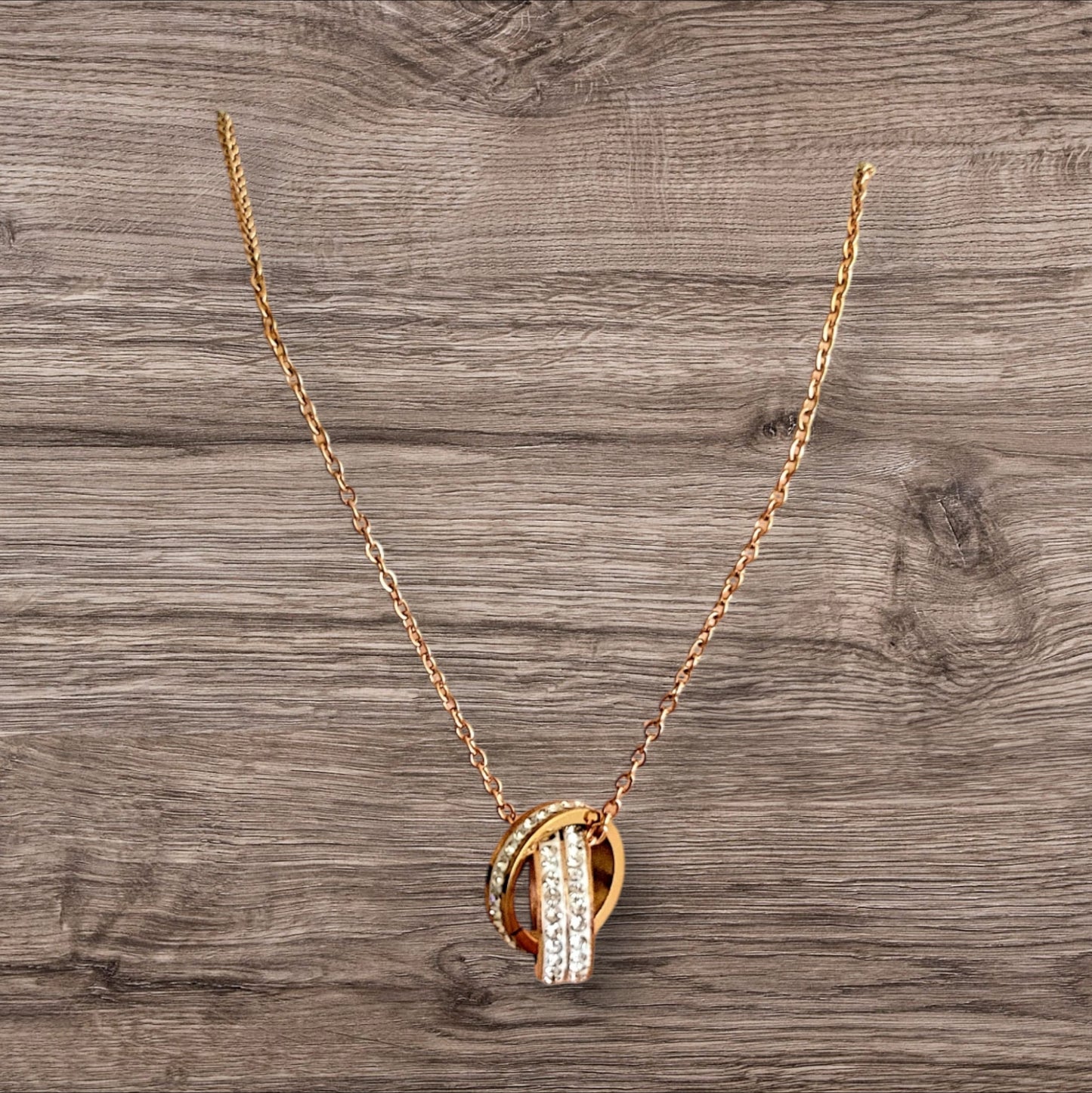 Double Ring Rhinestone Rose Gold Necklace