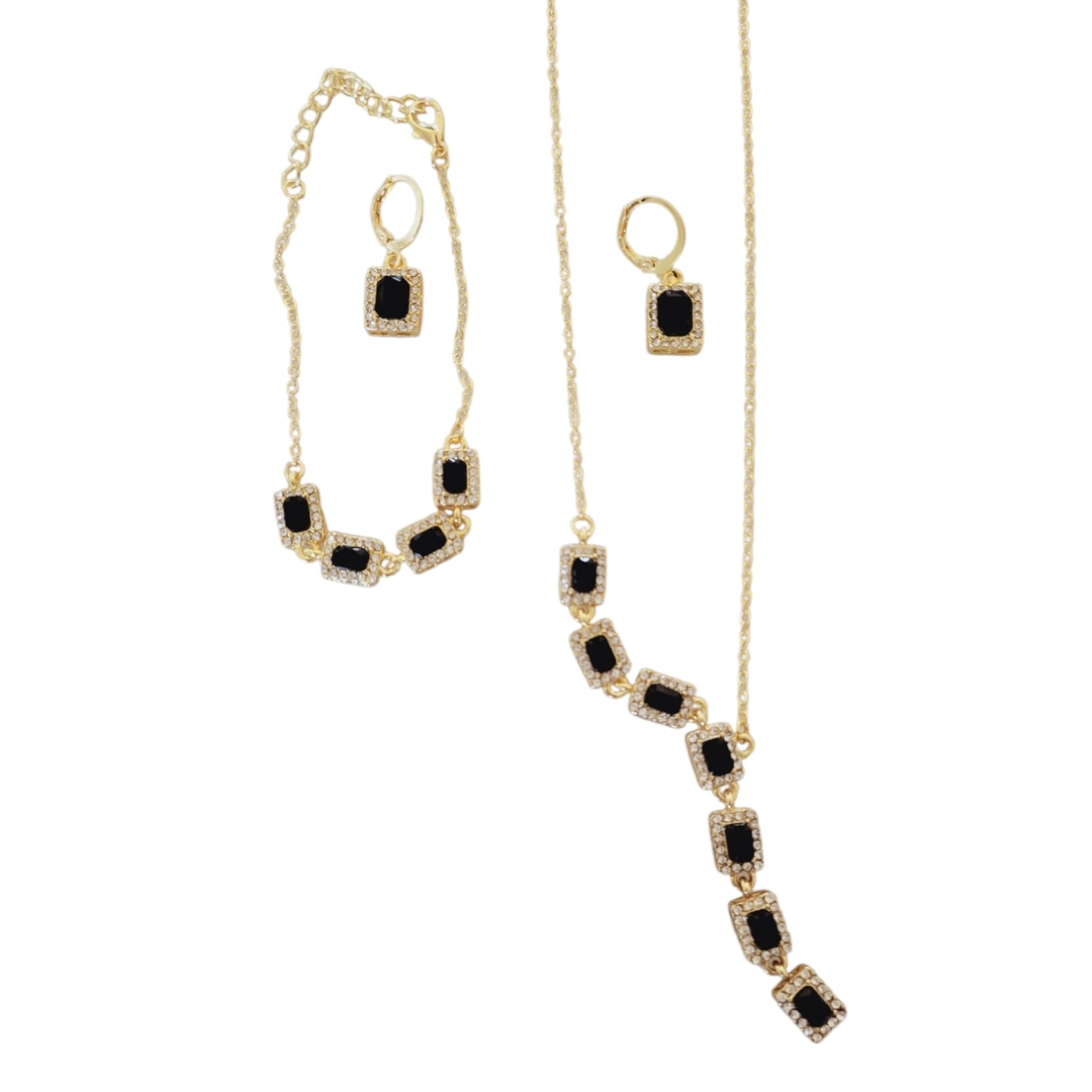 Black Diamond Rhinestone Necklace, Bracelet, and Earrings