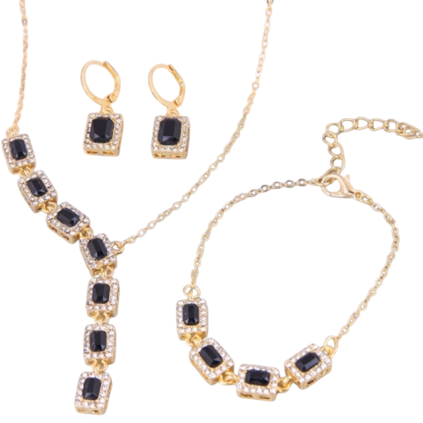 Black Diamond Rhinestone Necklace, Bracelet, and Earrings