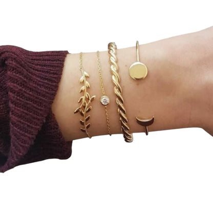 4 Piece Leaf and Moon Gold Bracelets
