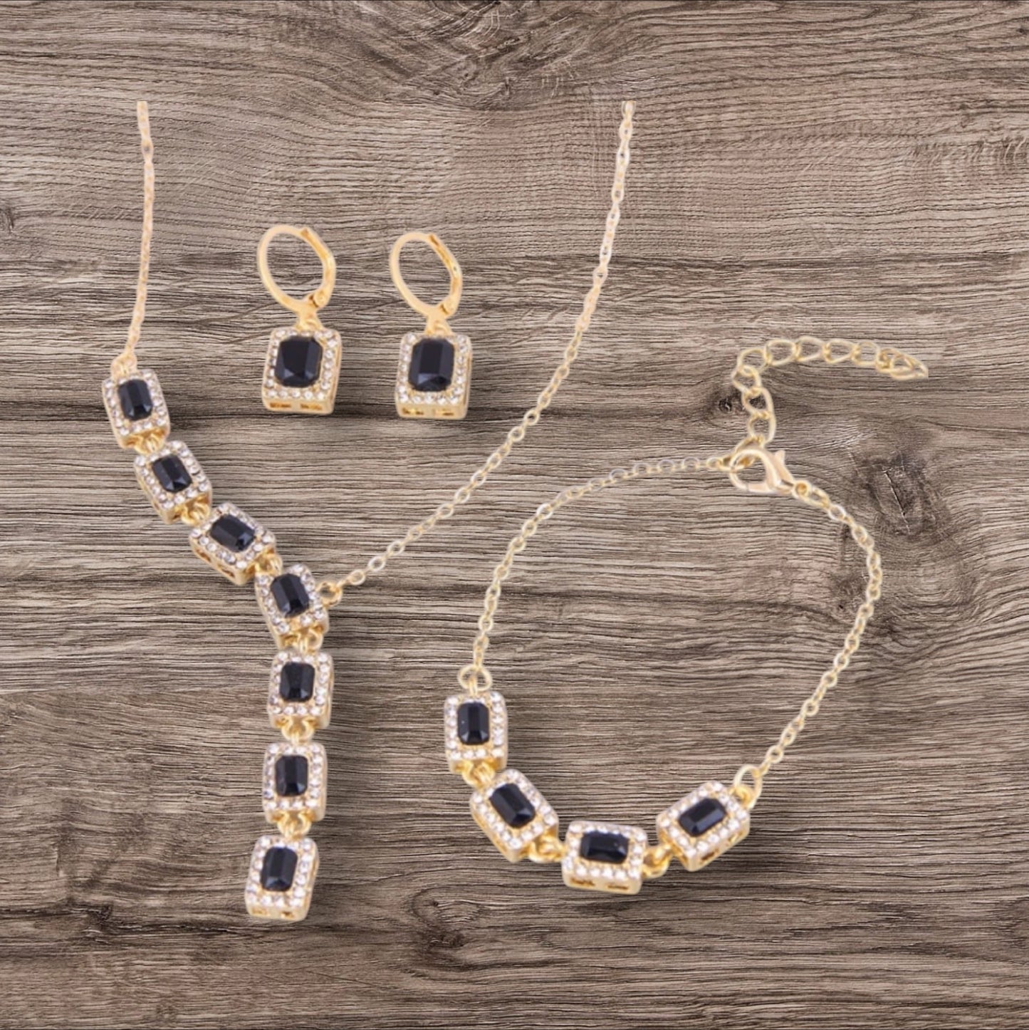 Black Diamond Rhinestone Necklace, Bracelet, and Earrings