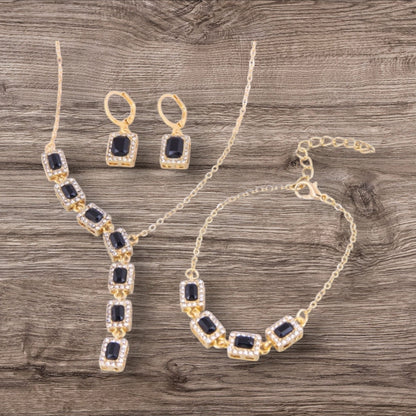 Black Diamond Rhinestone Necklace, Bracelet, and Earrings