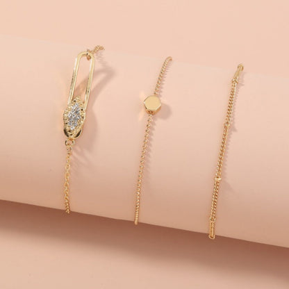 Gold Diamond Brooch Paper Clip Bracelet Set
