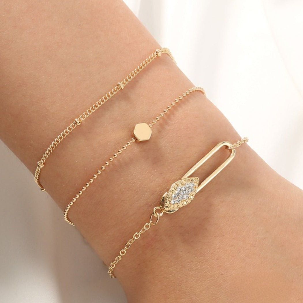 Gold Diamond Brooch Paper Clip Bracelet Set