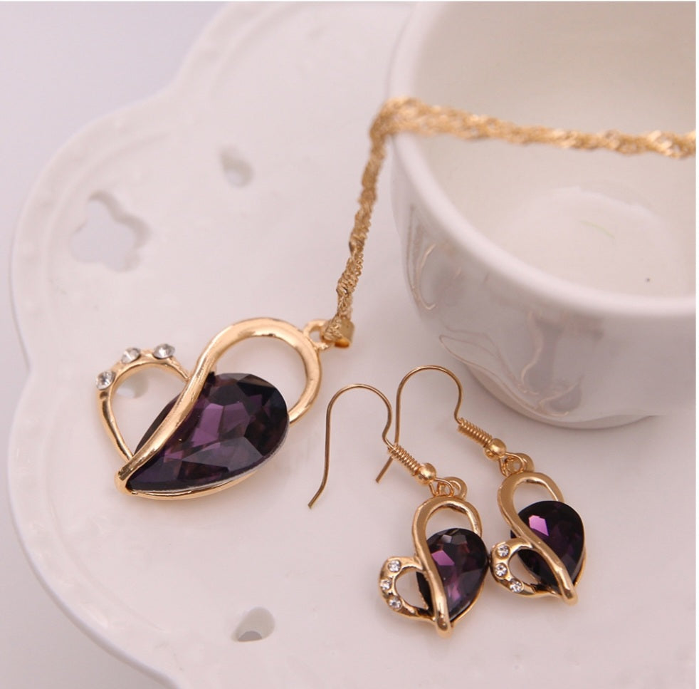 Purple Amethyst Heart Pendant and Earring Set