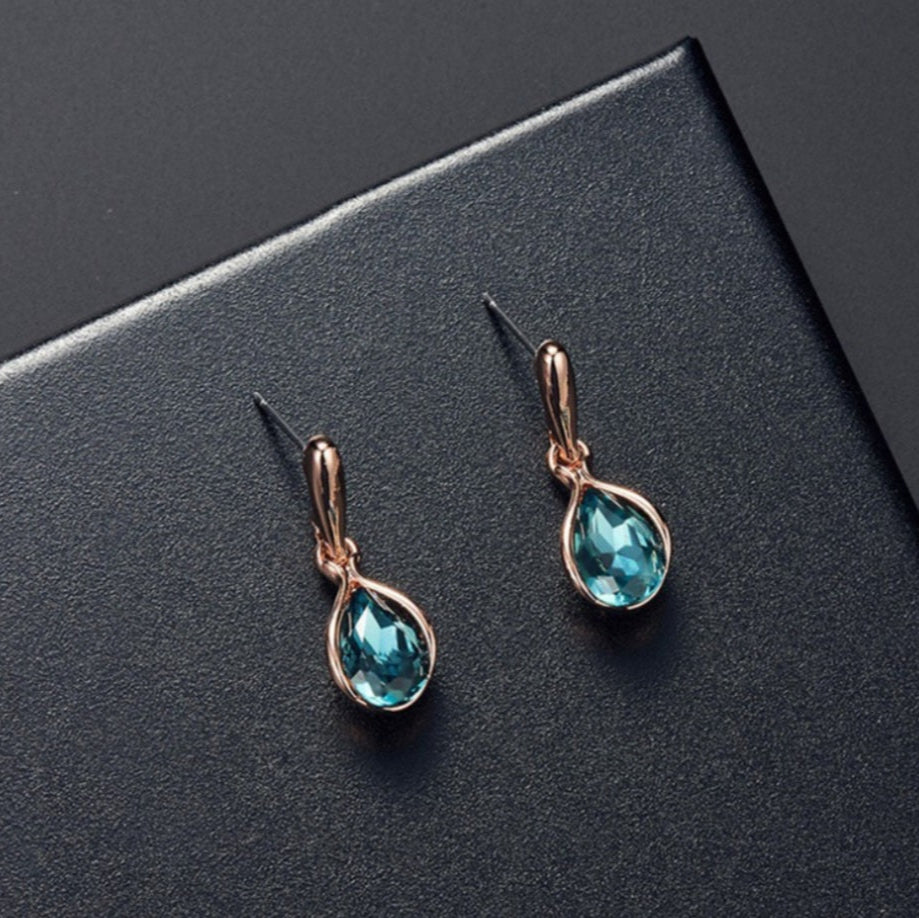 Peacock Blue Necklace and Earring Set with Rose Gold Accents