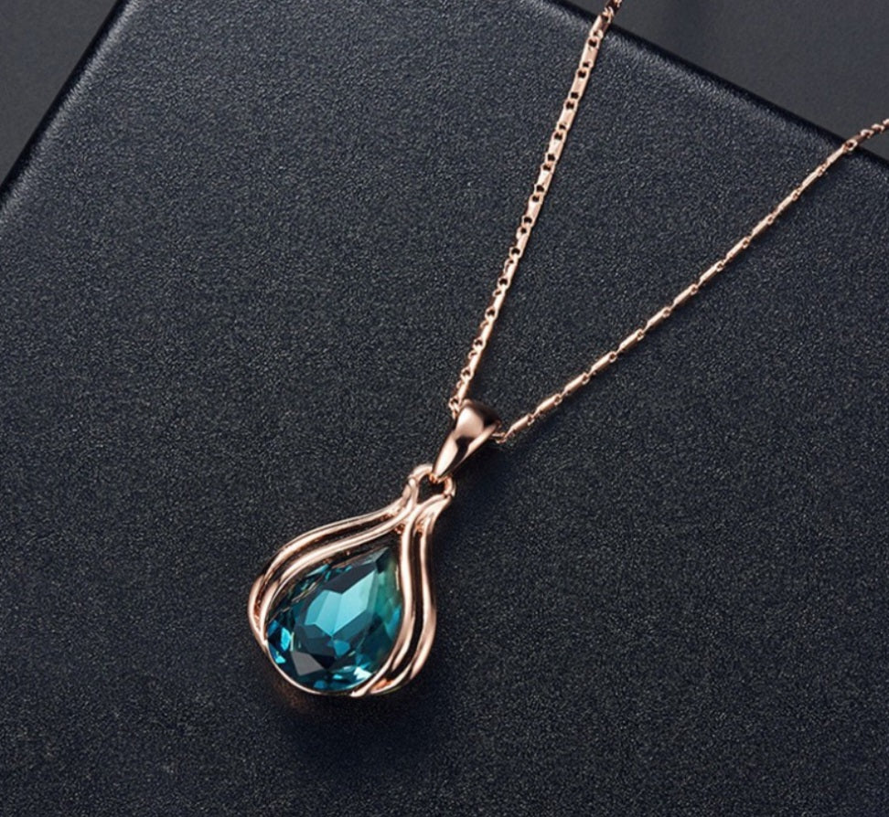 Peacock Blue Necklace and Earring Set with Rose Gold Accents