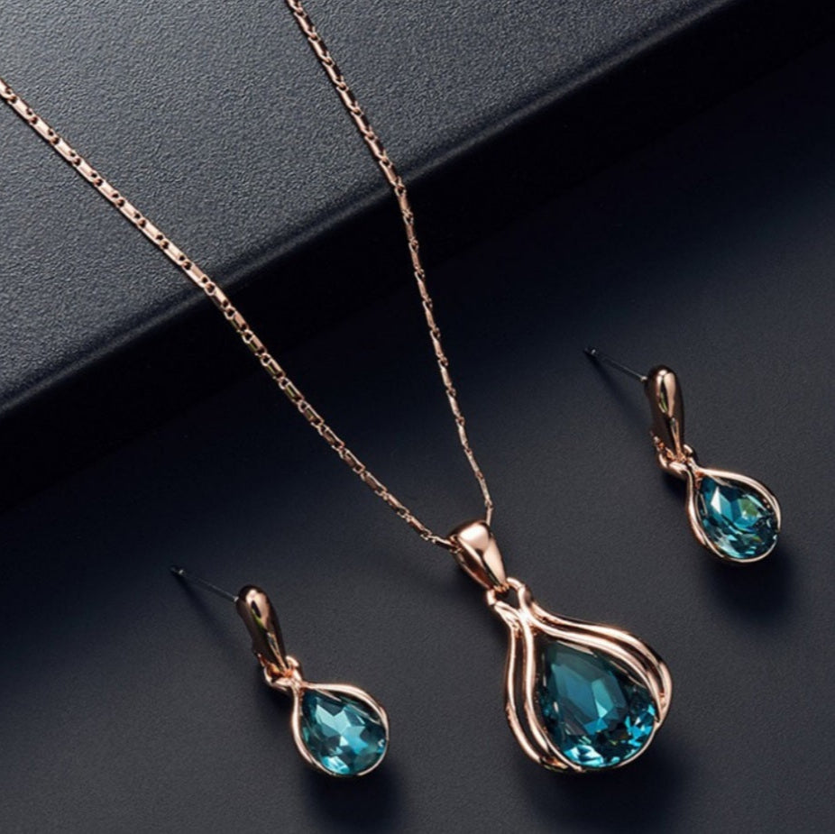 Peacock Blue Necklace and Earring Set with Rose Gold Accents