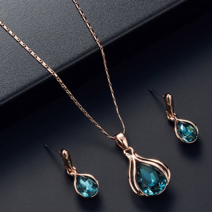 Peacock Blue Necklace and Earring Set with Rose Gold Accents